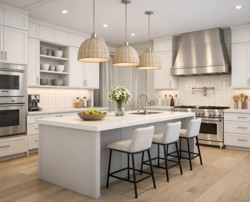 Photorealistic 3D shaker kitchen render - traditional kitchen with island, pendant lights and range cooker