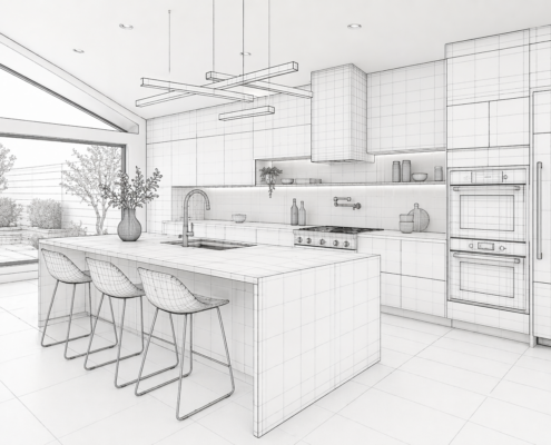 3d-Wireframe2-TLKF3D wireframe kitchen design render - modern kitchen with island, bar stools and floor-to-ceiling windows