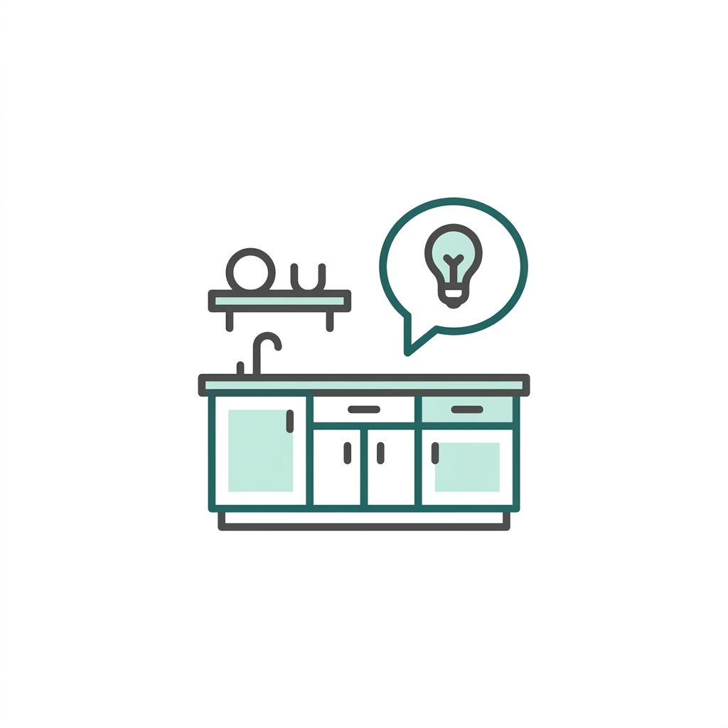 Design advice icon - kitchen with lightbulb speech bubble representing expert kitchen design consultation