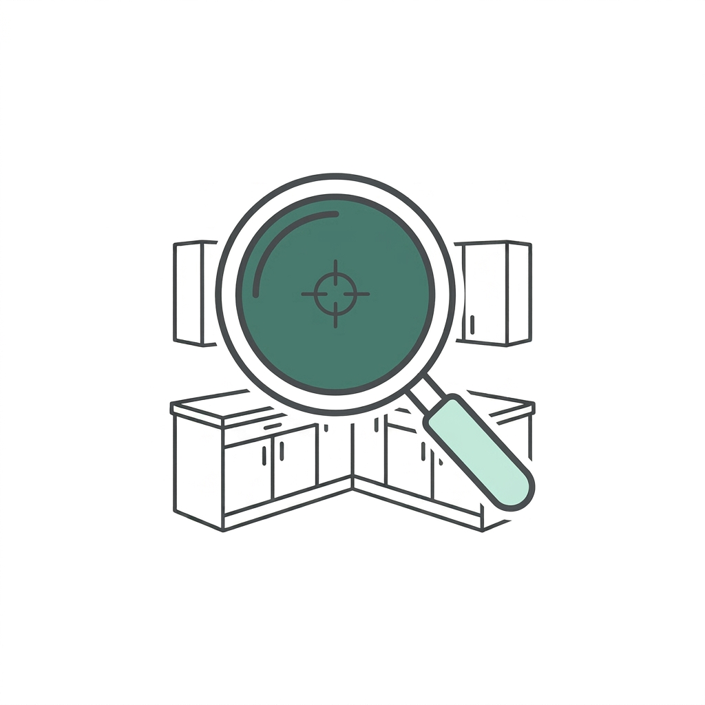 OversightOversight icon - magnifying glass over kitchen outline representing project oversight and quality control