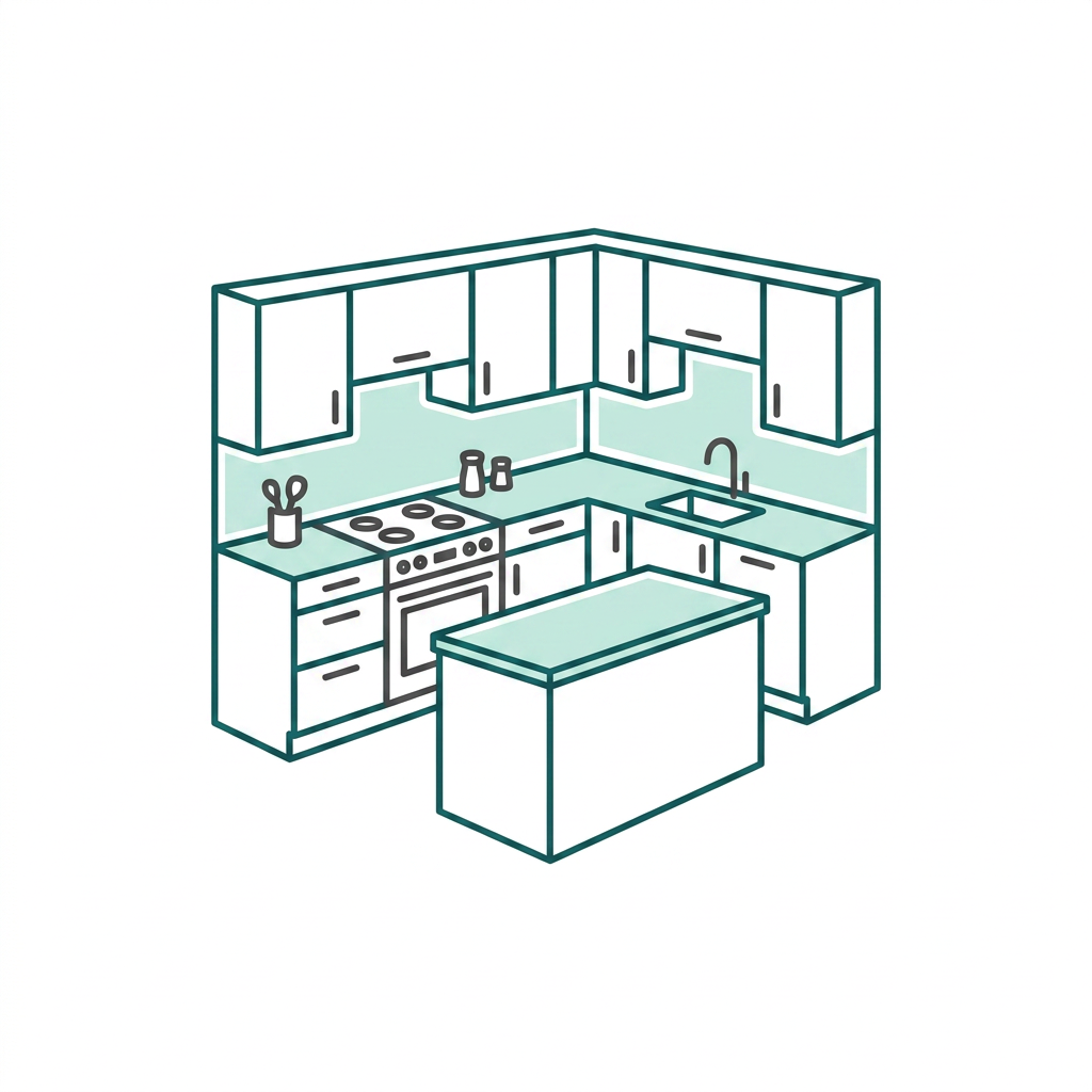 PlanningPlanning icon - isometric L-shaped kitchen with island representing kitchen project planning