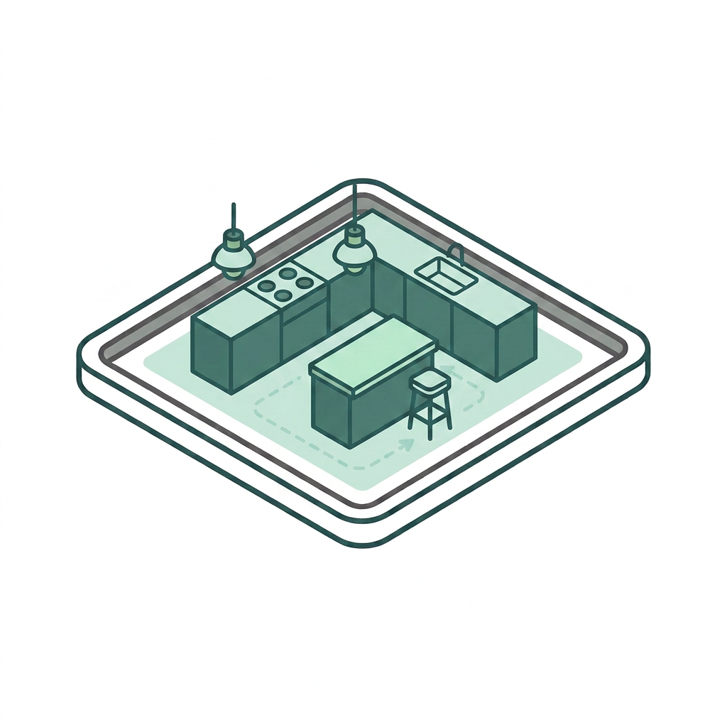 Spatial planning icon - 3D isometric kitchen layout showing island, hob and sink arrangement